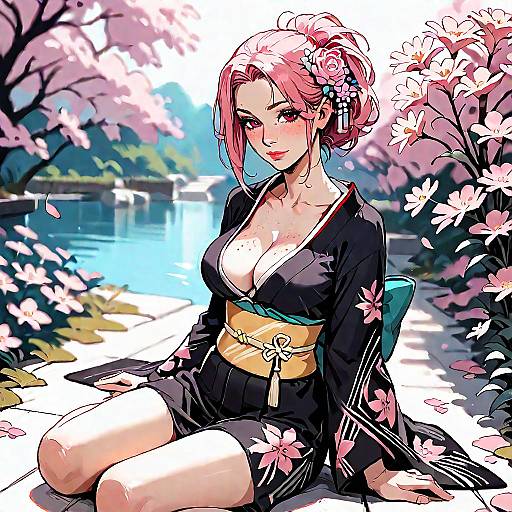 Anime Girl in Black Kimono with Pink Flowers
