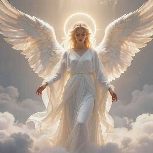 Photograph-like digital art of a radiant, blonde angel with glowing white wings, halo, and flowing white gown, standing amidst clouds with sunlight behind her