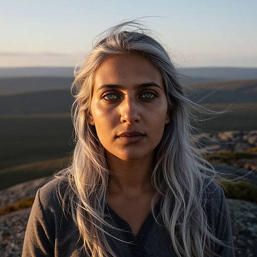 Photograph of a serious young woman with long, silver-gray hair, wearing a dark gray shirt, standing in a sunlit mountain landscape at sunset.