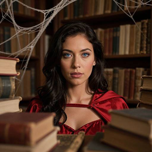 Photograph of a pale-skinned woman with striking blue eyes and long black hair, wearing a red dress, surrounded by old books and spider webs in