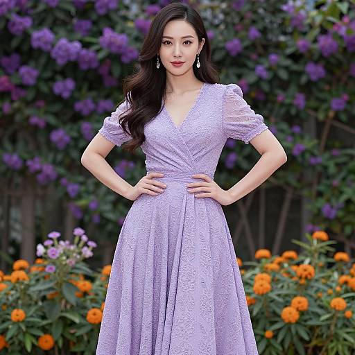 Photograph of an Asian woman with long black hair, wearing a lavender lace dress, standing confidently in a garden with purple flowers and orange marigolds