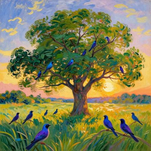 Vibrant oil painting of a tall tree with blue birds, lush green grass, and a colorful sunset sky in the background.