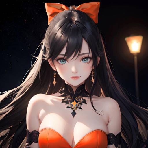 Anime Girl with Red Dress and Aurora Night Sky