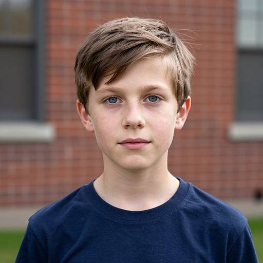 Boy with Brown Hair by Brick Building