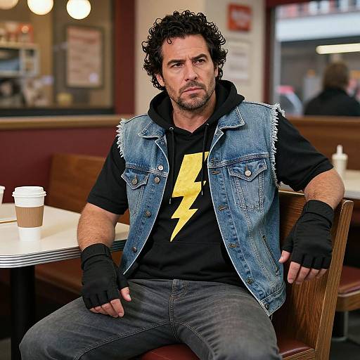 Photograph of a rugged, curly-haired man with a black beard, wearing a denim vest, black hoodie with yellow lightning bolt, black gloves, and