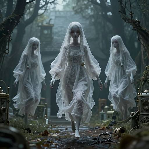 Digital art: Three ethereal, white-robed ghost women with pale skin walk through a misty, overgrown graveyard, surrounded by tombstones and
