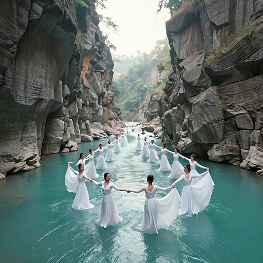 Photograph of seven women in white flowing dresses dancing in a turquoise river between towering, rocky cliffs with greenery above.