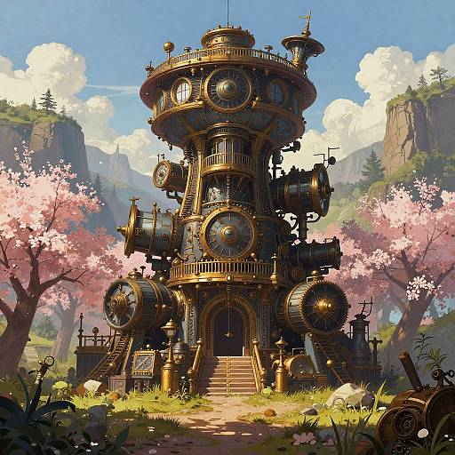 Intricate Steampunk Tower in Spring Landscape