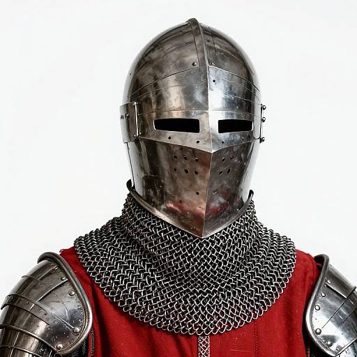Photograph of a medieval knight in shiny steel armor, including a helmet with black eye slits, chainmail neck guard, and red tunic,