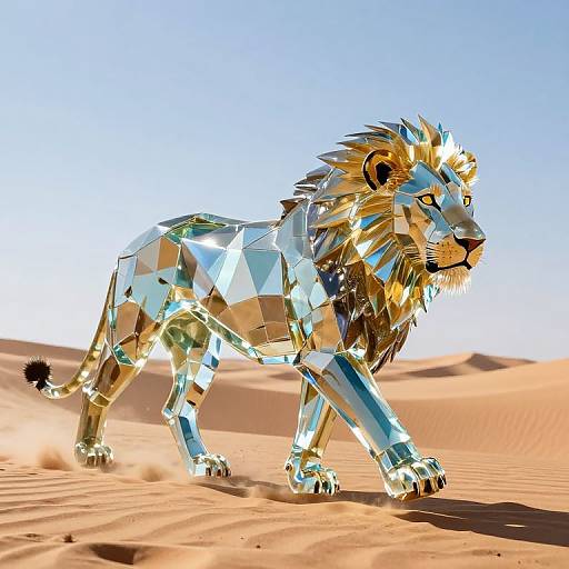 Digital art of a geometric, crystal lion with gold mane, walking in a bright desert under a clear blue sky.