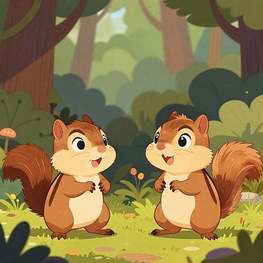 Digital cartoon of two cheerful chipmunks with fluffy tails, standing on sunlit grass in a colorful forest, facing each other.