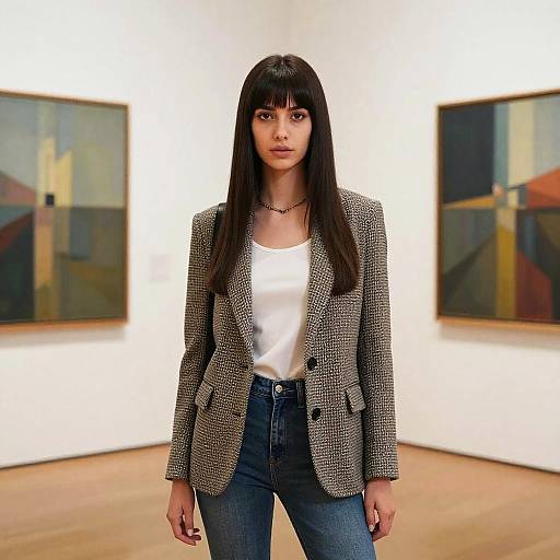 Photograph of a young woman with long black hair, wearing a black-and-white houndstooth blazer, white shirt, and blue jeans,
