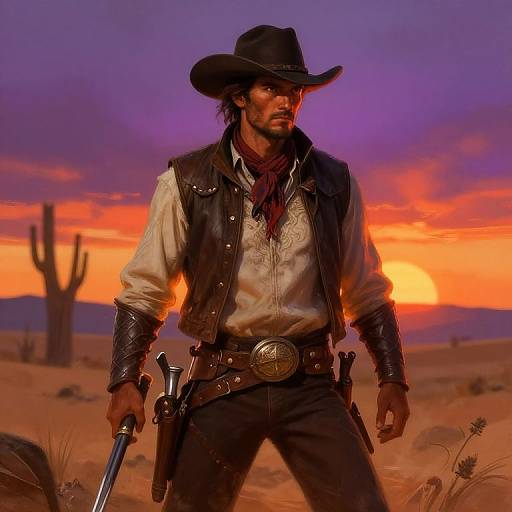 Photorealistic digital art of a rugged cowboy in a black hat and leather vest, holding a gun, against a vibrant desert sunset with cacti