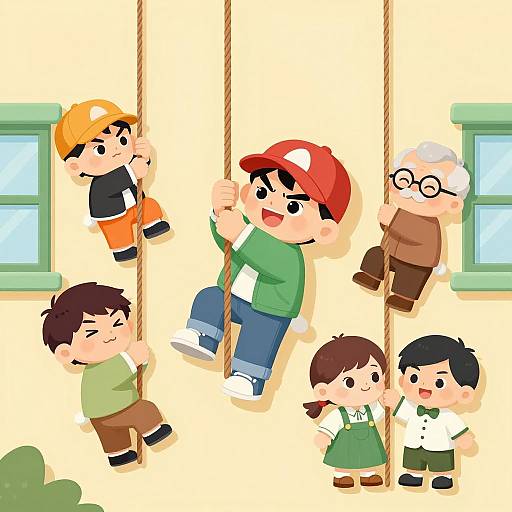 Colorful Cartoon Characters Climbing Ropes