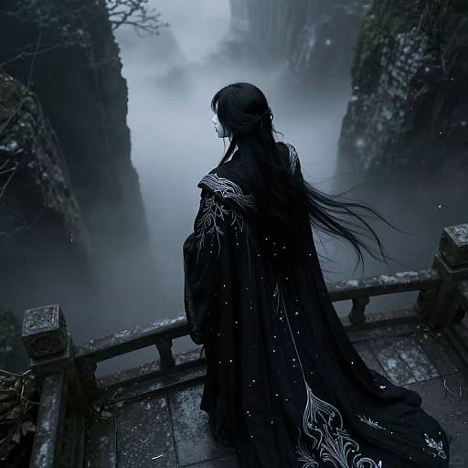 Digital painting: Silhouetted figure in dark, ornate cloak stands on misty, wooden bridge between towering, fog-covered cliffs, with long