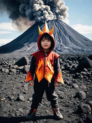 Child in Volcano Costume Near Erupting Volcano