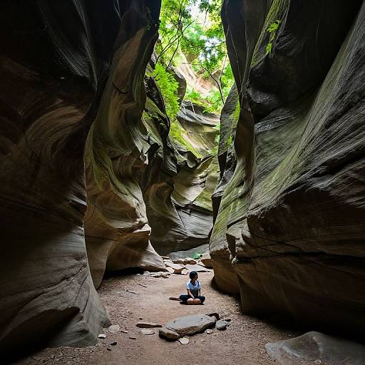 Photograph of a solitary hiker seated in a narrow, winding, sandstone canyon with towering, curved rock walls and bright green foliage above.
