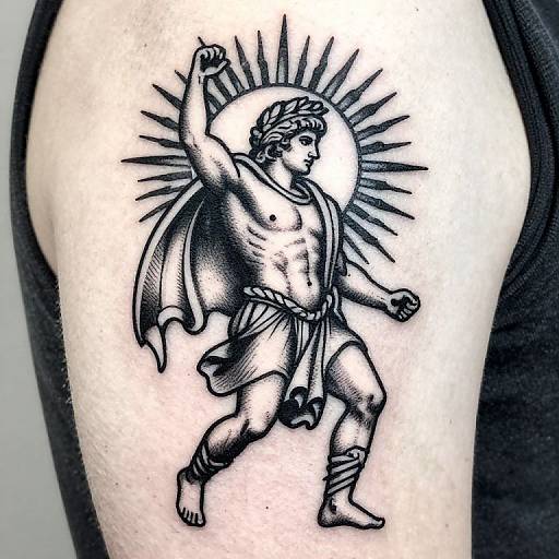 Black and gray tattoo of a muscular, classical-style angel with a halo, raised arm, and flowing cape on a human arm.