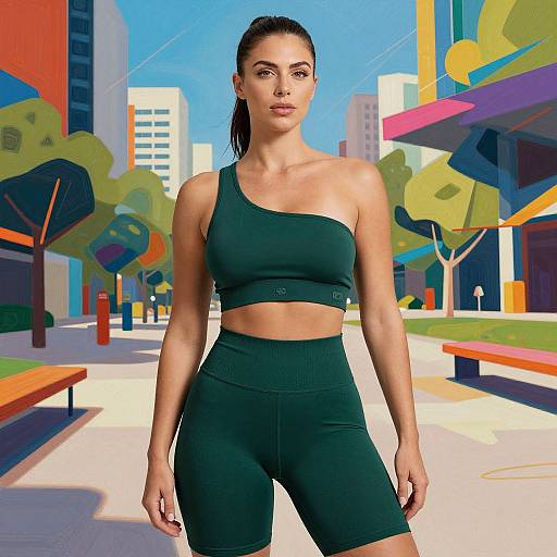 Photorealistic digital art of a fit, tan-skinned woman with dark hair in green sports bra and shorts, standing in a colorful, sunny urban