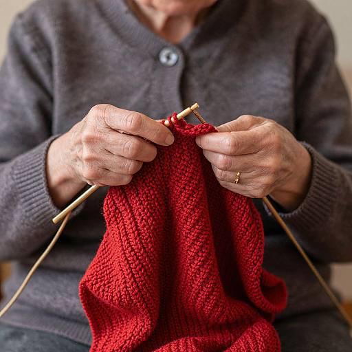 Elderly Hands Knitting Red Sweater