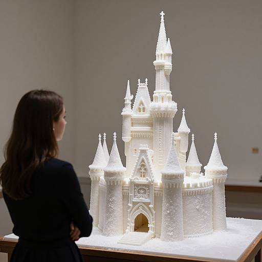 Photograph of a woman in a black dress, viewed from behind, admiring a brightly lit, white, intricately detailed castle model on a table