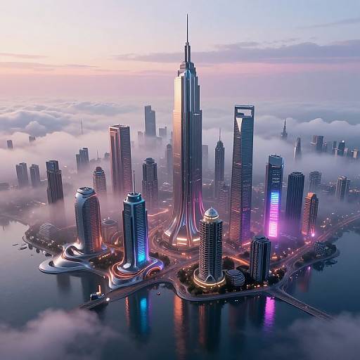 Digital illustration of a futuristic cityscape at sunset, featuring towering skyscrapers with neon lights, surrounded by misty clouds and a reflective water body.