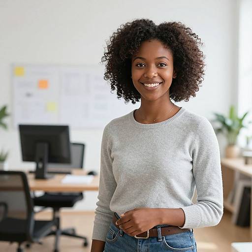 Photograph of a smiling Black woman with curly hair, wearing a gray sweater and blue jeans, standing in a bright, modern office with desks and p