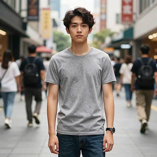 Photograph of a young Asian man with short black hair, wearing a gray t-shirt and blue jeans, standing in a busy urban street with blurred pedestrians