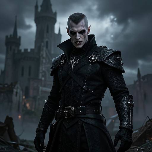 Photograph-style digital art of a menacing vampire with pale skin, black armor, and sharp fangs, standing in front of a gothic castle under