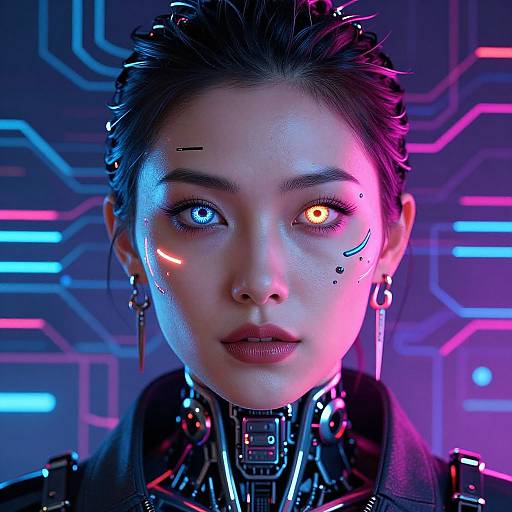 Digital art of a cyberpunk woman with heterochromatic eyes (blue and yellow), glowing facial markings, and futuristic tech neck collar. Neon blue and