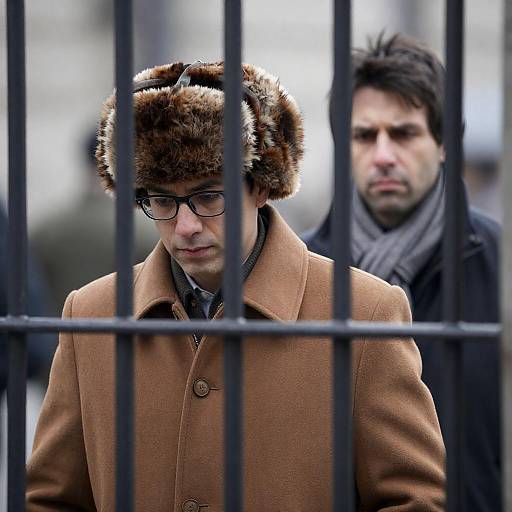Two Men Behind Metal Bars in Winter Clothing