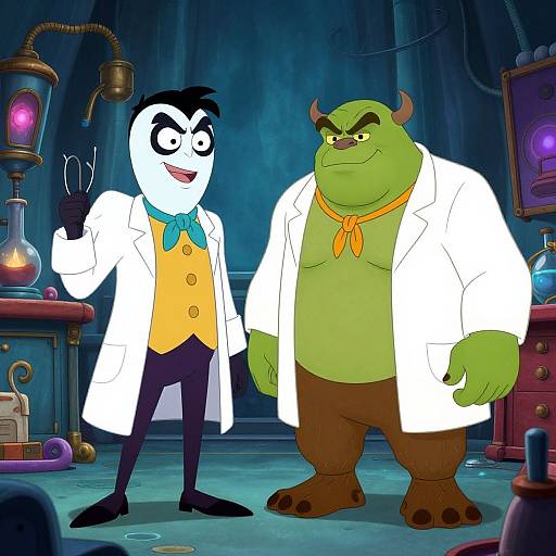 Digital cartoon of a slim, black-and-white penguin in a yellow vest and white lab coat, standing next to a green, horned ogre