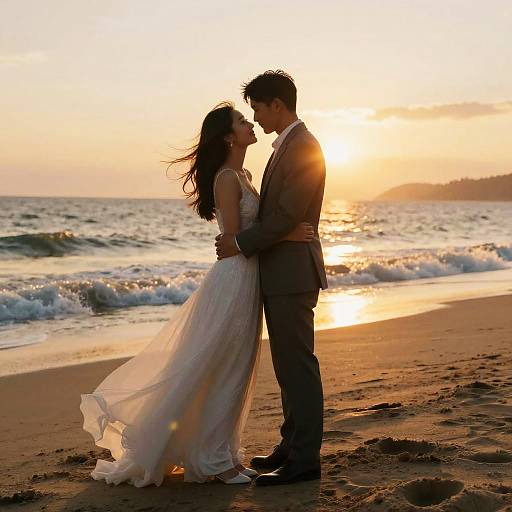 Silhouetted couple in wedding attire, standing on a beach at sunset, holding each other closely, waves in the background. Photograph.