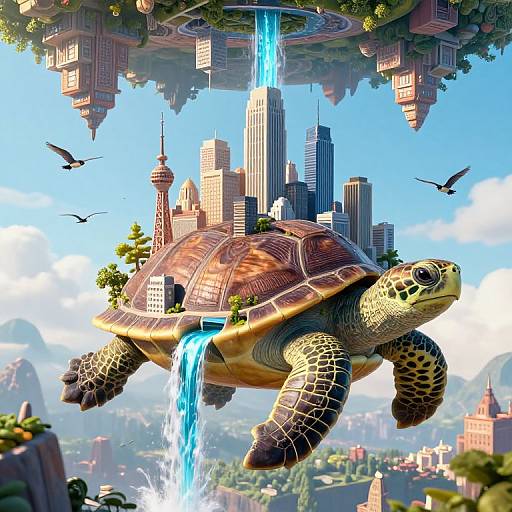 Digital artwork of a giant turtle flying above a futuristic city with a waterfall, surrounded by flying birds and floating structures.