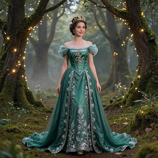 Photograph of a fair-skinned woman with dark hair, wearing a green, off-shoulder, floral-embroidered ball gown, and