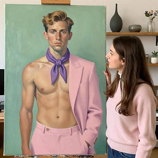 Woman Looking at Modern Male Portrait Painting