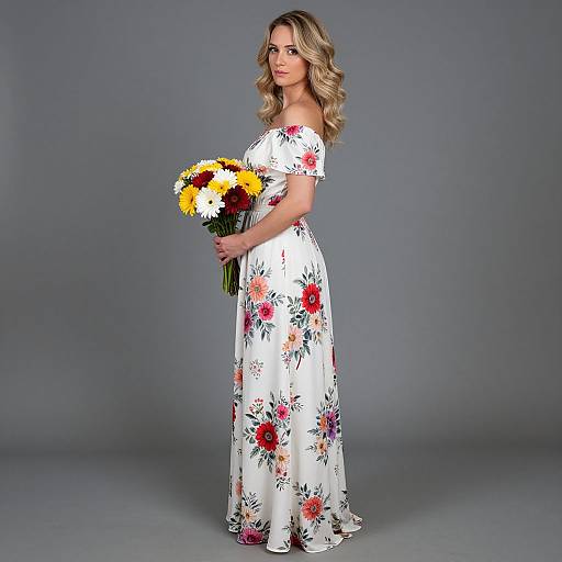 Photograph of a pregnant woman with curly blonde hair, wearing an off-shoulder white floral dress, holding a bouquet of yellow, white, and