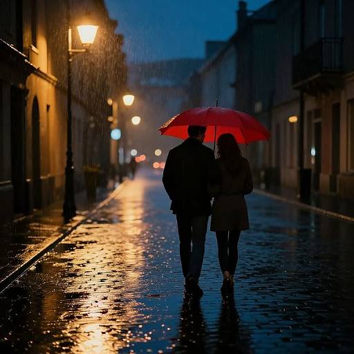 Silhouetted couple holding red umbrella walks on wet, rain-soaked street at twilight, illuminated by street lamps, creating reflective light patterns on cob