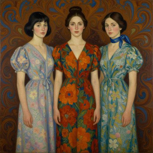Three women in floral dresses, one with black hair, one with dark hair and orange dress, and one with blue ribbon, stand against ornate brown