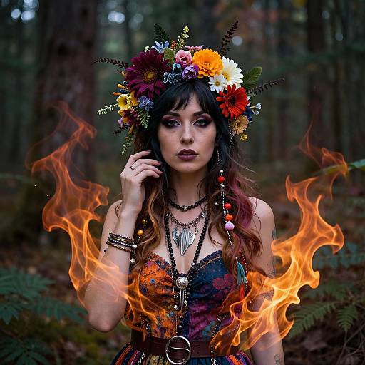 Photograph of a fair-skinned woman with dark hair, wearing a colorful floral crown, black lace dress, and jewelry, surrounded by orange flames in