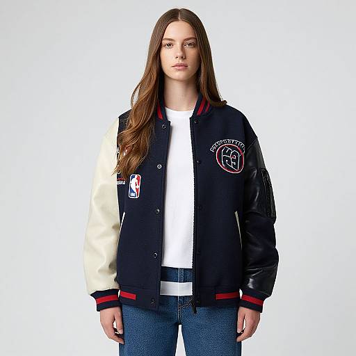 Photograph of a young woman with long brown hair, wearing a black and white varsity jacket with red trim, white t-shirt, and blue jeans