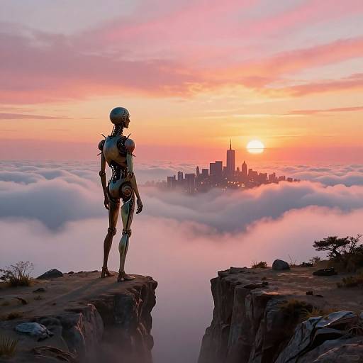 Photograph-style digital art of a robotic figure standing on a cliff, overlooking a city skyline shrouded in clouds at sunset.