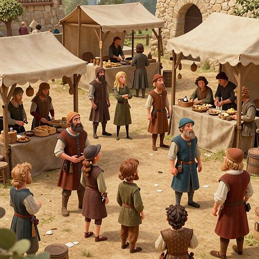 Photograph-style CGI of a medieval village market with people in period clothing, tents, and stone buildings. Children and adults converse and shop under white can
