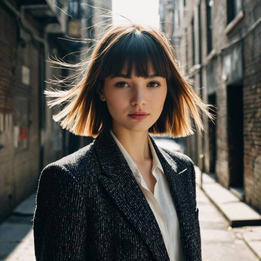 Woman with Textured Fringe Hairstyle in Urban Alley