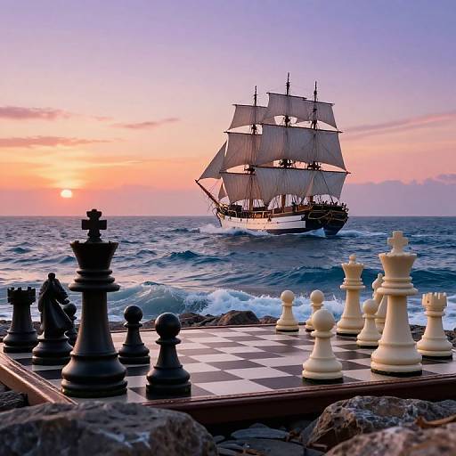 Photograph of a sunset seascape with a sailing ship in the background, and a chessboard with black and white pieces in the foreground on rocky shore