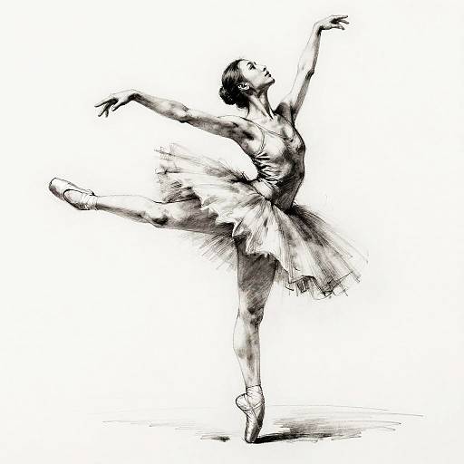 Black and white sketch of a ballet dancer in a graceful pose, wearing a tutu, with one arm raised and one leg extended. Dynamic, fluid