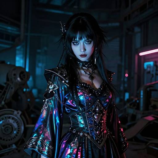 Cyberpunk photograph of a pale-skinned woman with black hair, wearing a shiny, iridescent, black leather corset and armor. Neon