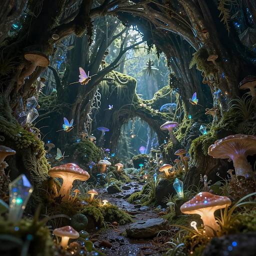 Enchanted forest scene: glowing mushrooms, luminescent blue butterflies, fairy lights, moss-covered trees, and ethereal sunlight filtering through dense foliage