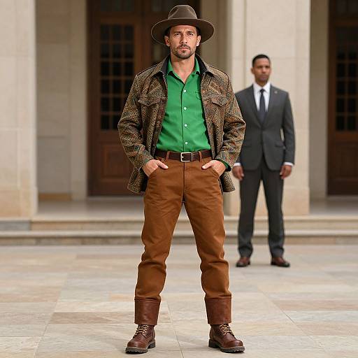 Confident Rugged Man in Patterned Jacket