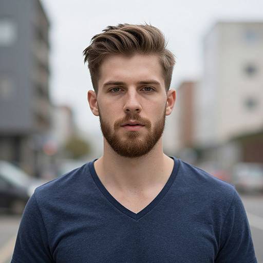 Photograph of a young, white, bearded man with brown hair, wearing a navy V-neck shirt, standing on a blurred urban street.